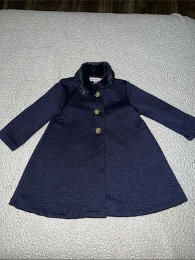 Katie May Girls Navy Textured Pea Coat with Faux Fur Collar